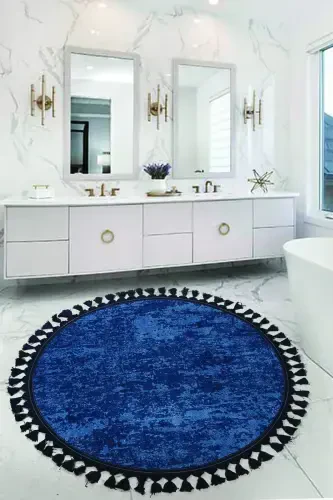 Nova Navy Blue Round 100x100 Cm Pompon Fringed Non-Slip Backed Machine Washable Bath Mat-Navy Blue - 1