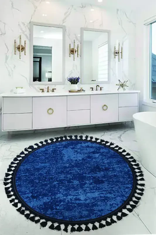 Nova Navy Blue Round 100x100 Cm Pompon Fringed Non-Slip Backed Machine Washable Bath Mat-Navy Blue - BONNY HOME