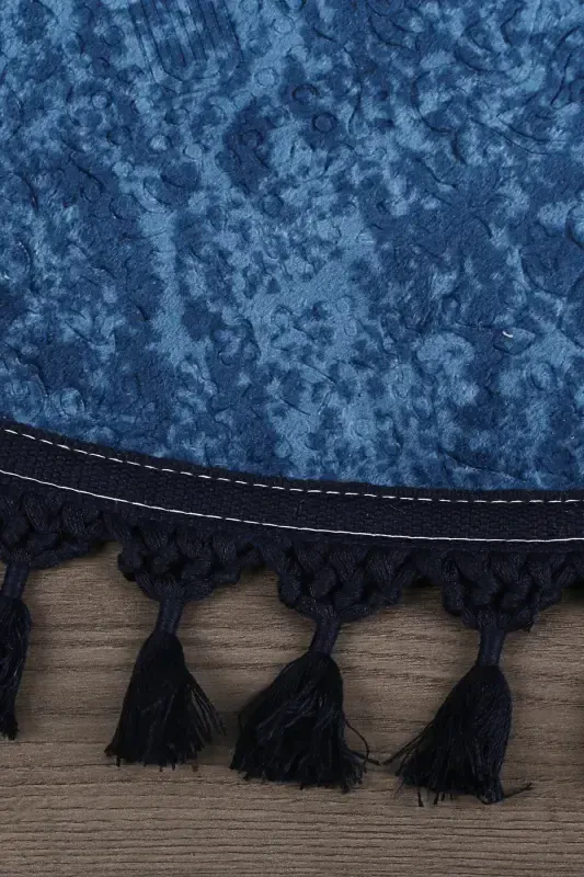 Nova Navy Blue Round 100x100 Cm Pompon Fringed Non-Slip Backed Machine Washable Bath Mat-Navy Blue - 2