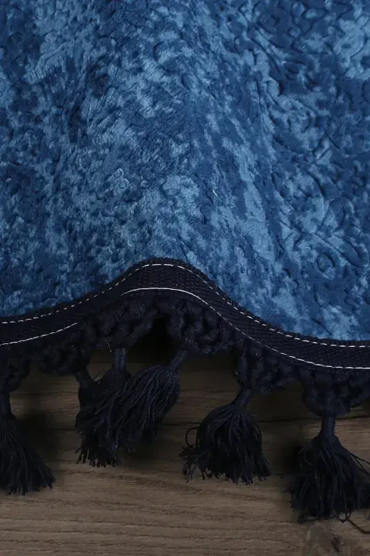 Nova Navy Blue Round 100x100 Cm Pompon Fringed Non-Slip Backed Machine Washable Bath Mat-Navy Blue - 3