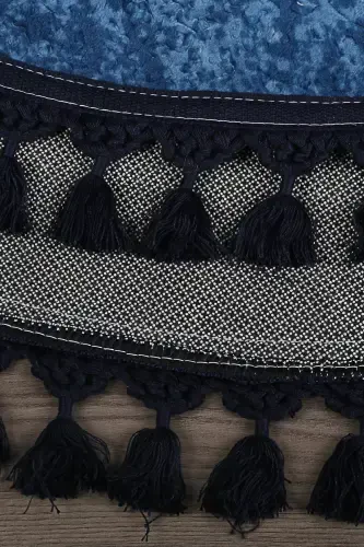 Nova To‘q ko‘k Dumaloq 100x100 Sm Pompon Sochli Sirpanmaydigan Taglikli Mashinada Yuviladigan Hammom Gilami-To‘q ko‘k - 4