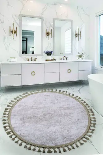 Nova Vizon Round 100x100 Cm Pompon Fringed Non-Slip Base Machine Washable Bath Mat-Mink - 1