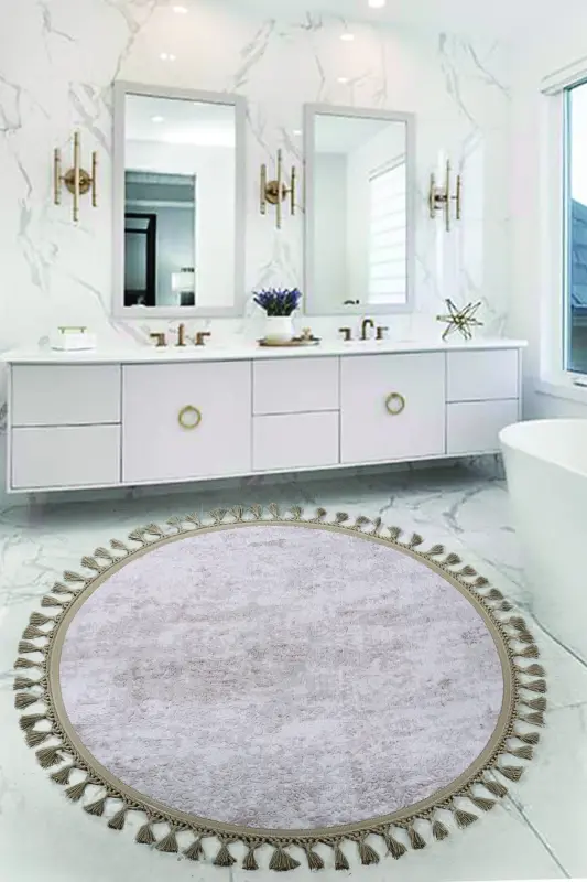Nova Vizon Yuvarlak 100x100 Cm Ponpon Saçaklı Kaymaz Tabanlı Makinede Yıkanabilir Banyo Paspası-Vizon - 1