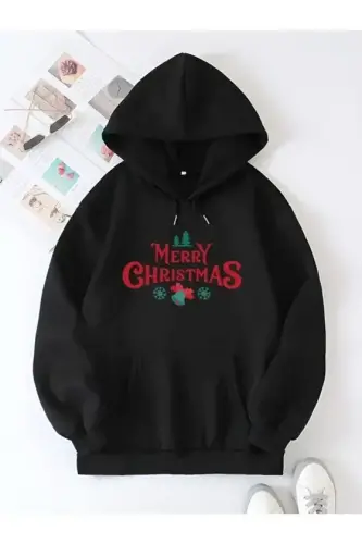Новогодний oversize худи с принтом Merry Christmas - Черный - 1