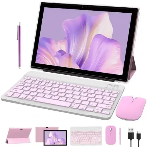 NOVOJOY 2 in 1 Tablet 10 Inch Android 14 OS Tableta, Tablets with Keyboard, Mouse, Case, Stylus, 64GB ROM+8GB RAM, 2MP+8MP Dual Camera, Quad Core Processor, 6000mAh Battery, 10.1 in FHD Tab Pink - 1