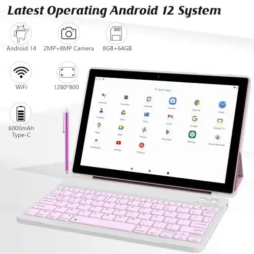 NOVOJOY 2 in 1 Tablet 10 Inch Android 14 OS Tableta, Tablets with Keyboard, Mouse, Case, Stylus, 64GB ROM+8GB RAM, 2MP+8MP Dual Camera, Quad Core Processor, 6000mAh Battery, 10.1 in FHD Tab Pink - 4