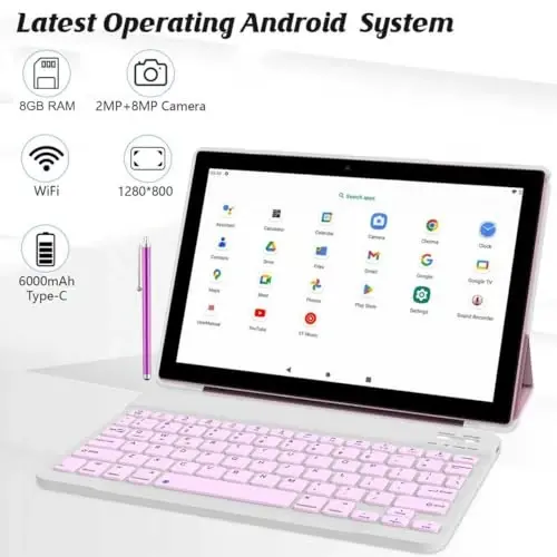 NOVOJOY 2 in 1 Tablet 10 Inch Android 14 OS Tableta, Tablets with Keyboard, Mouse, Case, Stylus, 64GB ROM+8GB RAM, 2MP+8MP Dual Camera, Quad Core Processor, 6000mAh Battery, 10.1 in FHD Tab Pink - NOVOJOY