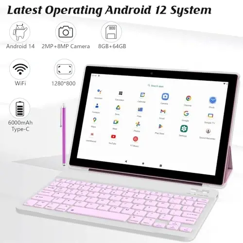 NOVOJOY 2 in 1 Tablet 10 Inch Android 14 OS Tableta, Tablets with Keyboard, Mouse, Case, Stylus, 64GB ROM+8GB RAM, 2MP+8MP Dual Camera, Quad Core Processor, 6000mAh Battery, 10.1 in FHD Tab Pink - 4