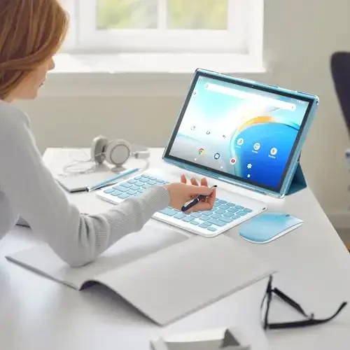 NOVOJOY 2 in 1 Tablet 10 Inch Android 14 OS Tableta, Tablets with Keyboard, Mouse, Case, Stylus, 64GB ROM+8GB RAM, 2MP+8MP Dual Camera, Quad Core Processor, 6000mAh Battery, 10.1 in FHD Tab Blue - 4