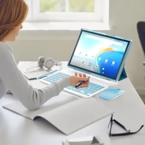 NOVOJOY 2 in 1 Tablet 10 Inch Android 14 OS Tableta, Tablets with Keyboard, Mouse, Case, Stylus, 64GB ROM+8GB RAM, 2MP+8MP Dual Camera, Quad Core Processor, 6000mAh Battery, 10.1 in FHD Tab Blue - 4