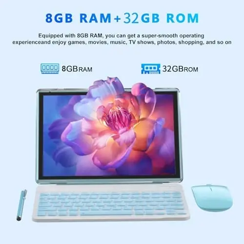 NOVOJOY 2'si 1 Arada Tablet 10 İnç Android 14 İşletim Sistemli Tablet, Klavyeli Tabletler, Fare, Kılıf, Kalem, 64GB ROM+8GB RAM, 2MP+8MP Çift Kamera, Dört Çekirdekli İşlemci, 6000mAh Pil, 10.1 inç FHD Tab Mavi 
