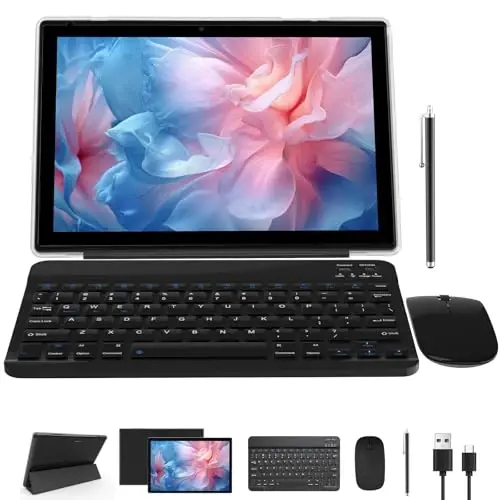 NOVOJOY 2 in 1 Tablet 10 Inch Android 14 Tablets, Tablet with Keyboard, Mouse, Case, Stylus, 64GB ROM+8GB RAM, 2MP+8MP Dual Camera, Quad Core Processor, 6000mAh Battery, 10.1 in FHD Tab Black Tableta 