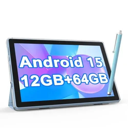 NOVOJOY Tablet 10 İnç Kılıf ve Kalemli Android Tablet, Kapaklı Android 15 Tablet, 2MP+8MP Çift Kamera 6000mAh Pil 12GB RAM(4GB+8GB Genişletme) 64GB ROM 5Gwifi-6 10.1