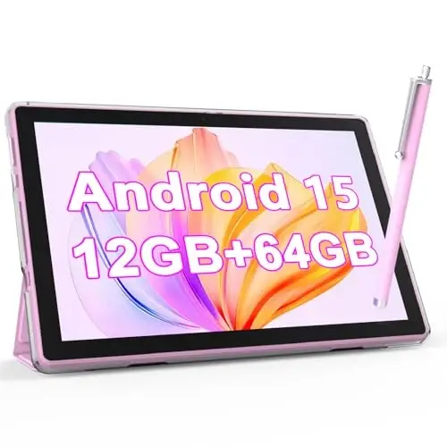 NOVOJOY Tablet 10 İnç Kılıf ve Kalemli Android Tabletler, Kapaklı Android 15 Tablet, 2MP+8MP Çift Kamera, 6000mAh Pil, 12GB RAM(4GB+8GB Genişletme), 64GB ROM, 5Gwifi-6, 10.1
