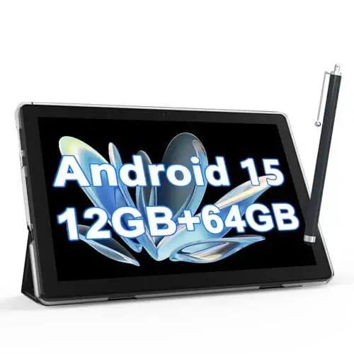 NOVOJOY Tablet 10 İnç Kılıflı ve Kalemli Android Tablet, Kapaklı Android 15 Tablet, 2MP+8MP Çift Kamera, 6000mAh Pil, 12GB RAM(4GB+8GB Genişletme), 64GB ROM, 5G Wi-Fi 6, 10.1