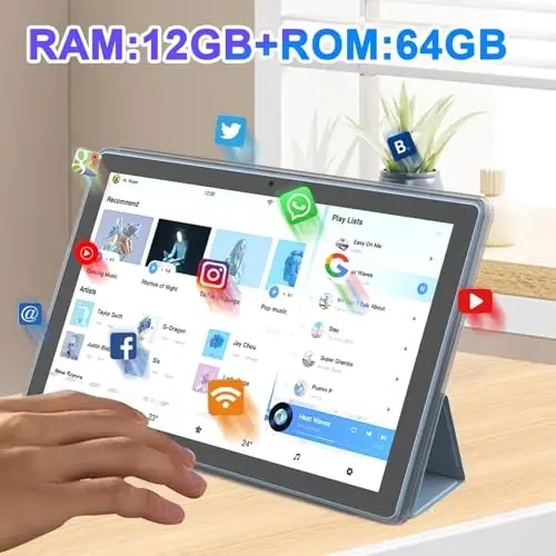 NOVOJOY Tablet 10 Inch Android Tablets with Case and Stylus Android 15 Tablet with Cover 2MP+8MP Dual Camera 6000mAh Battery 12GB RAM(4GB+8GB Expansion) 64GB ROM 5Gwifi-6 10.1