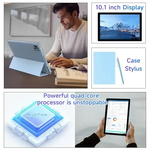 NOVOJOY Tablet 10 Inch Android Tablets with Case and Stylus Android 15 Tablet with Cover 2MP+8MP Dual Camera 6000mAh Battery 12GB RAM(4GB+8GB Expansion) 64GB ROM 5Gwifi-6 10.1