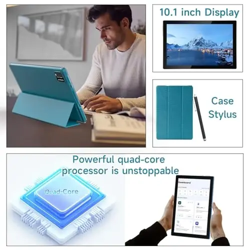 NOVOJOY Tablet 10 Inch Android Tablets with Case and Stylus Android 15 Tablet with Cover 2MP+8MP Dual Camera 6000mAh Battery 12GB RAM(4GB+8GB Expansion) 64GB ROM 5Gwifi-6 10.1