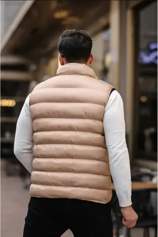 Новый Сезон Бежевый Надувной Наполнитель Молнии Карманы Высокий Воротник Без Рукавов Жилет-бежевый - 4