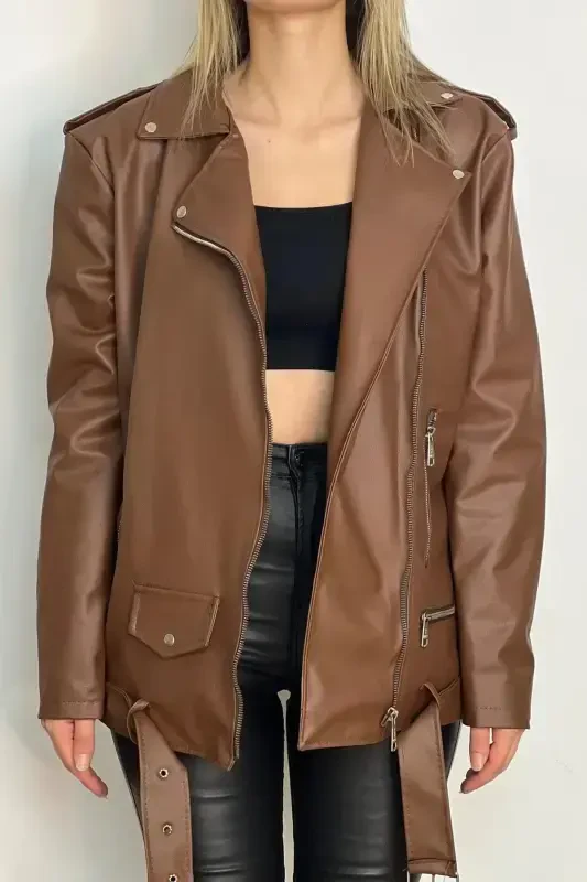Новый сезон, большой размер, длинная женская коричневая кожаная куртка - Коричневый - 3
