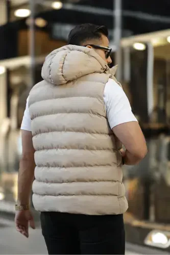 НОВЫЙ СЕЗОН МУЖСКОЙ СЪЕМНЫЙ КАПЮШОН ДУТЫЙ ЖИЛЕТ-ТЕМНО-КРЕМОВЫЙ - 4