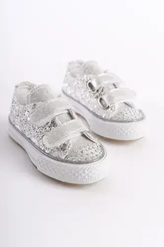 Новый Сезон Стразы Липучки Серебро Ортопедический Девочка Обувь, Девочка Спортивная Обувь 21-30 Светящиеся-Серебряные Кружева - 1