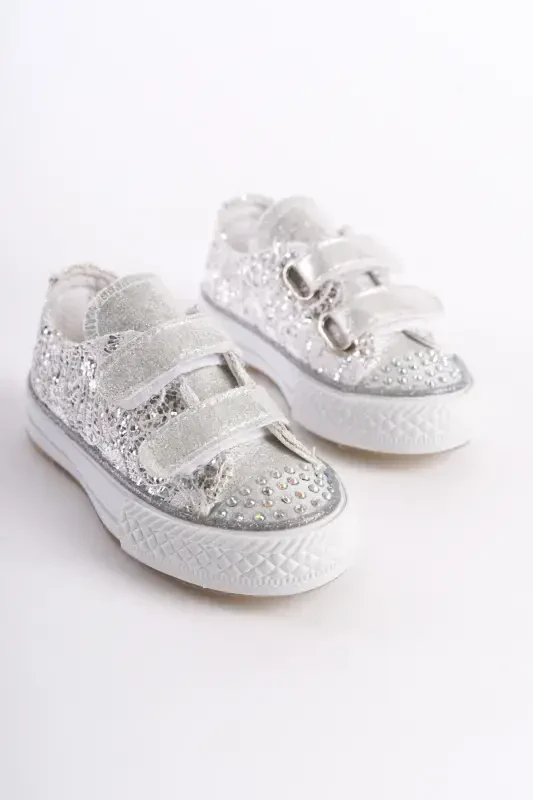 Новый Сезон Стразы Липучки Серебро Ортопедический Девочка Обувь, Девочка Спортивная Обувь 21-30 Светящиеся-Серебряные Кружева - 1