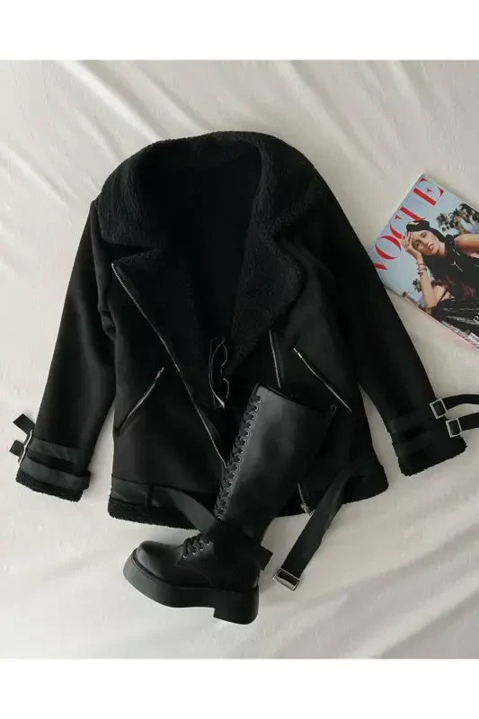 Новый Сезон Женский Внутри Рапитный Ремень Деталь Зр Кожа Замшевая Куртка-ЧЕРНЫЙ - 1