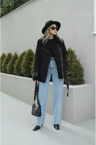 Новый Сезон Женский Внутри Рапитный Ремень Деталь Зр Кожа Замшевая Куртка-ЧЕРНЫЙ - 4