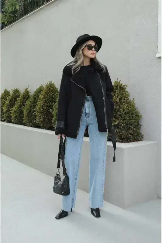 Новый Сезон Женский Внутри Рапитный Ремень Деталь Зр Кожа Замшевая Куртка-ЧЕРНЫЙ - 4