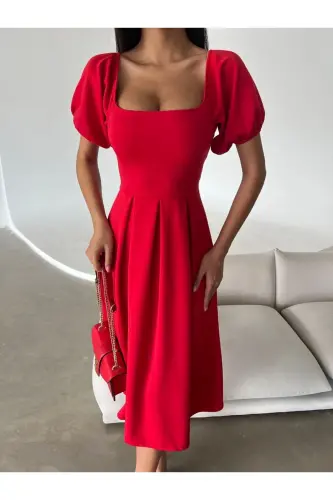 Новый Сезон Женское Эластичное Дайвинг Ткань Квадратный Вырез Балон Рукав Дизайн Черное Миди Вечернее Платье 582613-КРАСНЫЙ - SECRET PASSION LINGERIE (1)