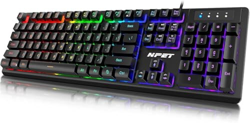 NPET K10 Wired Gaming Keyboard, LED Backlit, Spill-Resistant Design, Multimedia Keys, Quiet Silent USB Membrane Keyboard for Desktop, Computer, PC (Black) - 1