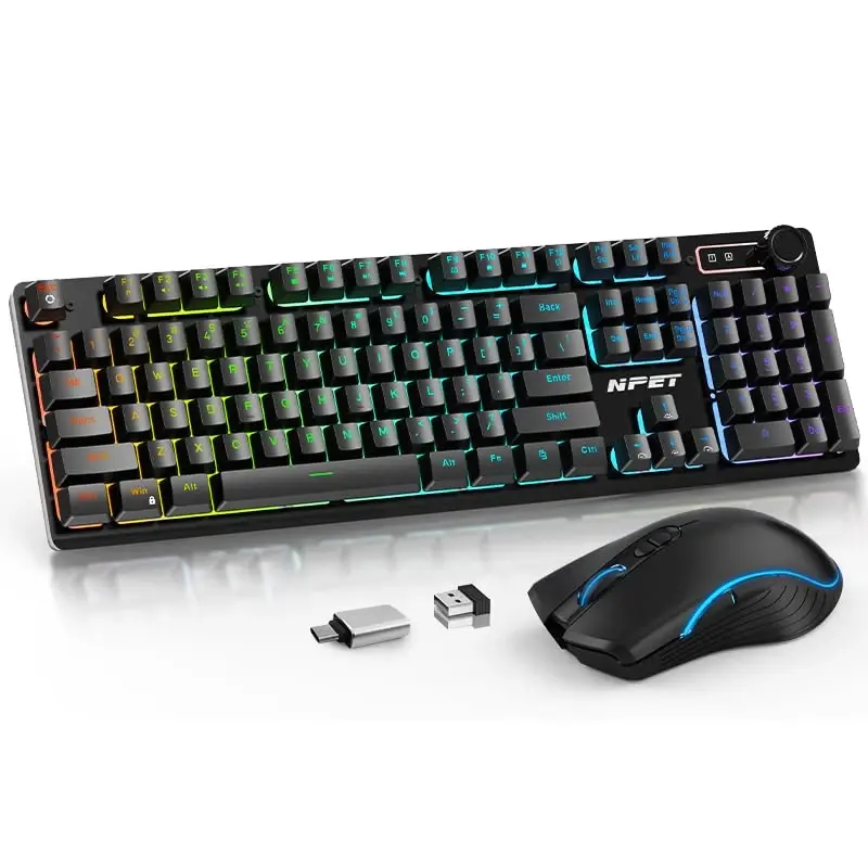 NPET S21PRO Wireless Gaming Keyboard and Mouse Combo, LED Backlit Rechargeable 3500mAh Battery, Mechanical Feel Anti-ghosting Keyboard + 7D 3200DPI Mice for PC Gamer（USB Receiver is Under The Mouse） - 1