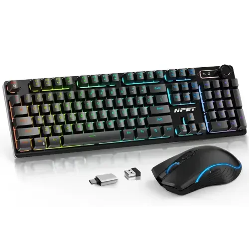 NPET S21PRO Wireless Gaming Keyboard and Mouse Combo, LED Backlit Rechargeable 3500mAh Battery, Mechanical Feel Anti-ghosting Keyboard + 7D 3200DPI Mice for PC Gamer（USB Receiver is Under The Mouse） 