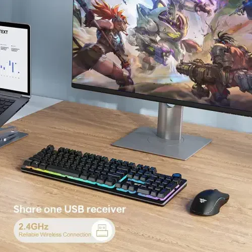 NPET S21PRO Wireless Gaming Keyboard and Mouse Combo, LED Backlit Rechargeable 3500mAh Battery, Mechanical Feel Anti-ghosting Keyboard + 7D 3200DPI Mice for PC Gamer（USB Receiver is Under The Mouse） - 5