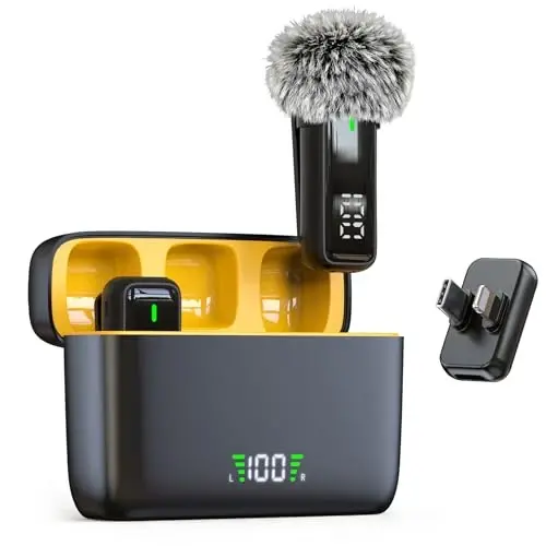 NPTCL 2 in 1 Wireless Lavalier Lapel Microphone for iPhone iPad Android | Noise Canceling Clip Mic, LED Charge Display, 70Ft Transmission, 24 Hour Charging Case for Streaming Instagram Voiceover - 1