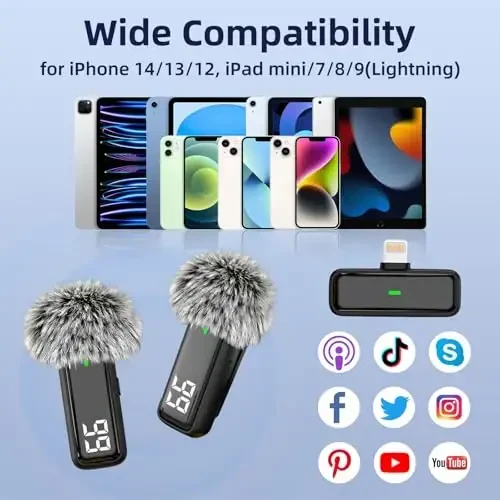NPTCL 2 Pack iPhone 14/13/12 uchun simsiz lavalier mikrofon, 24 soatlik zaryadlash qutisi bilan Lightning Lav Mic Video yozish Vlog TikTok Instagram uchun - shovqinni kamaytirish 70 FT uzatish - 6