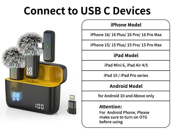 NPTCL Wireless Microphone for Android Lav Mic USB C Lavalier Microphone Type C Lapel Mic for iPhone 15/16 iPad Video Recording Vlog TikTok Instagram - 24H Charging Case Noise Reduction - 2