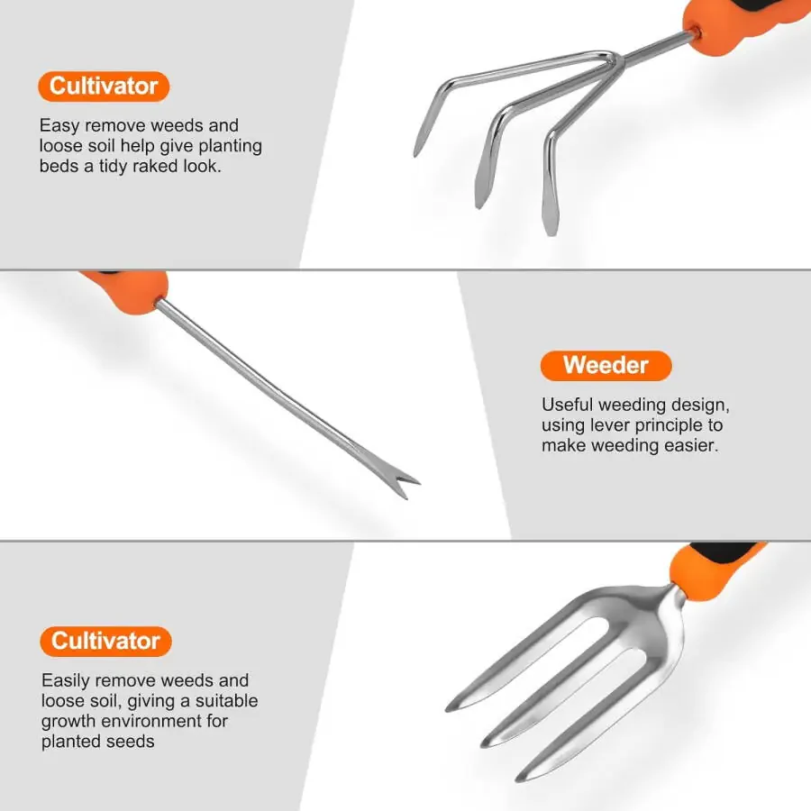 Nrnio Garden Tool Set, zanglamaydigan po'latdan yasalgan og'ir yuk ko'taradigan bog'dorchilik asboblari to'plami, sirpanmaydigan rezina tutqich, saqlash sumkasi, tashqi qo'l asboblari, ayollar va erkaklar uchun ideal bog'dorchilik asboblari to'plami sovg'alari - 2