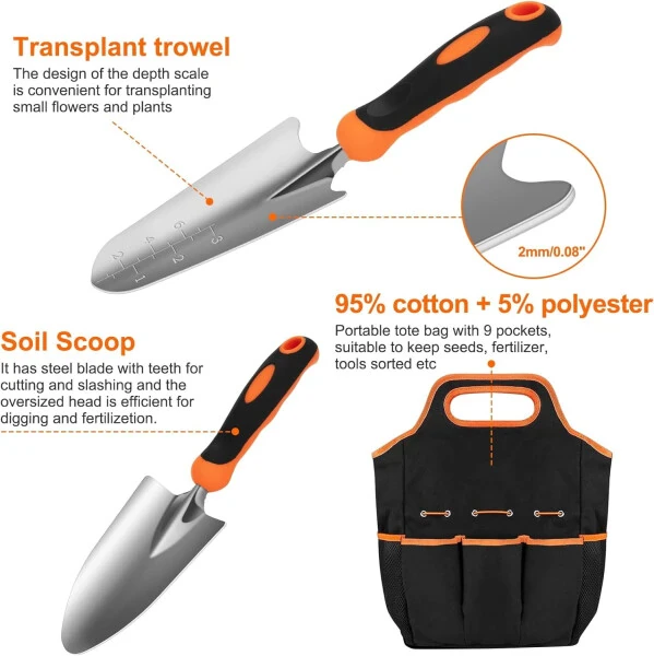 Nrnio Garden Tool Set, zanglamaydigan po'latdan yasalgan og'ir yuk ko'taradigan bog'dorchilik asboblari to'plami, sirpanmaydigan rezina tutqich, saqlash sumkasi, tashqi qo'l asboblari, ayollar va erkaklar uchun ideal bog'dorchilik asboblari to'plami sovg'alari - 3