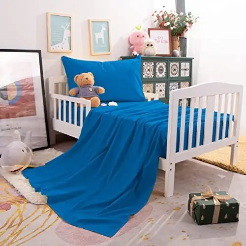 NTBAY 3-Piece Microfiber Toddler Sheet Set, Solid Crib Fitted Sheet Flat Sheet and Envelope Pillowcase, Baby Bedding Sheet & Pillowcase Sets, Royal Blue - 2