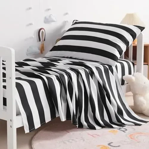 NTBAY Toddler Sheet Set - 3-Piece Microfiber Crib Sheet Set - Flat Sheet, Fitted Sheet, Pillowcase - Solid Toddler Bedding, Black and White Stripe - NTBAY (1)