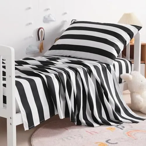 NTBAY Toddler Sheet Set - 3-Piece Microfiber Crib Sheet Set - Flat Sheet, Fitted Sheet, Pillowcase - Solid Toddler Bedding, Black and White Stripe - 2