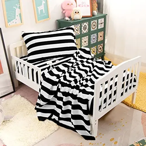 NTBAY Toddler Sheet Set - 3-Piece Microfiber Crib Sheet Set - Flat Sheet, Fitted Sheet, Pillowcase - Solid Toddler Bedding, Black and White Stripe - 6