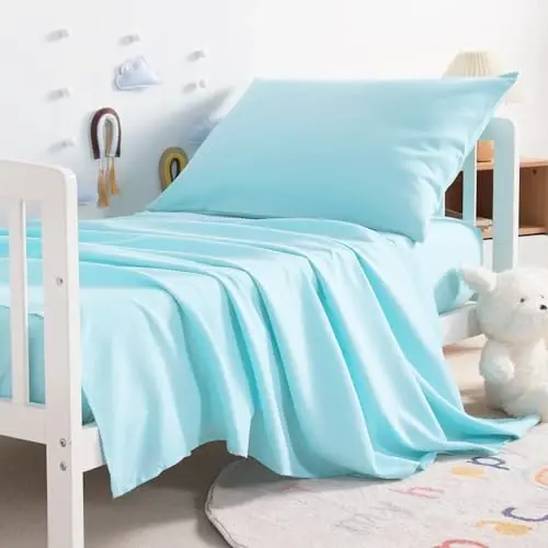 NTBAY Toddler Sheet Set, Ultra Soft Microfiber Crib Bedding, 3-Piece Machine Washable Sheets & Pillowcase, Light Blue - 2
