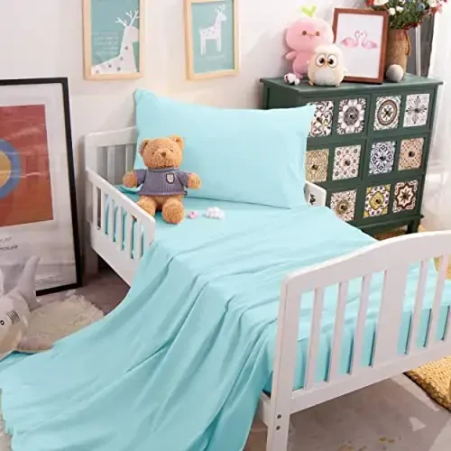 NTBAY Toddler Sheet Set, Ultra Soft Microfiber Crib Bedding, 3-Piece Machine Washable Sheets & Pillowcase, Light Blue - 6