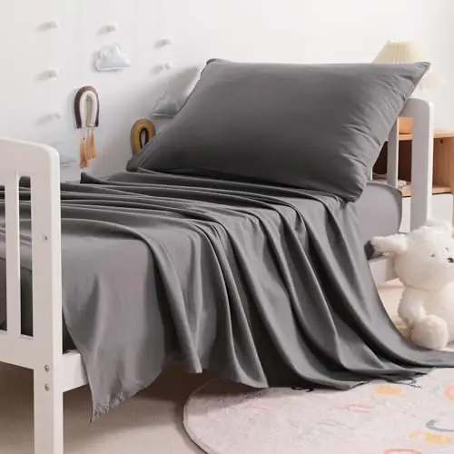 NTBAY Toddler Sheet Set - 3-Piece Microfiber Crib Sheet Set - Flat Sheet, Fitted Sheet, Pillowcase - Solid Toddler Bedding, Dark Grey 