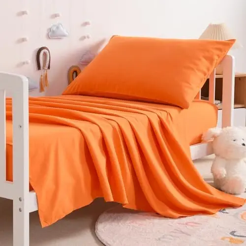 NTBAY Toddler Sheet Set - 3-Piece Microfiber Crib Sheet Set - Flat Sheet, Fitted Sheet, Pillowcase - Solid Toddler Bedding, Orange - NTBAY (1)