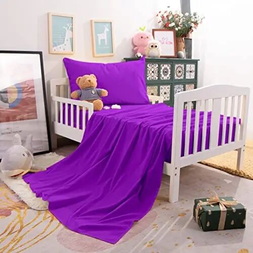 NTBAY Toddler Microfiber Sheet Set, 3 Piece, Purple | Includes Fitted Sheet, Flat Sheet and Pillowcase, Soft Microfiber with 8 Inch Fitted-Sheet Pocket for Toddler Beds - NTBAY (1)