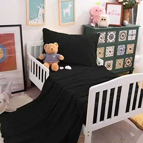 NTBAY Toddler Sheet Set, 3-Piece Ultra Soft Microfiber Bedding Set for Crib and Toddler Bed, Machine Washable - Includes Fitted Sheet, Flat Sheet, and Pillowcase, Black - 6